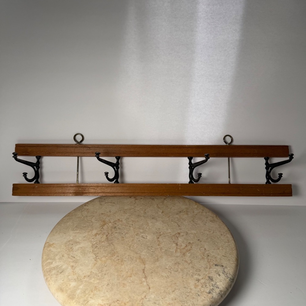 Vintage Wood Cast Iron Wall Mount Coat Rack 24" Brown 4 Double Hooks